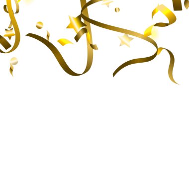 Tatil Yılanı. Altın folyo şeritleri. Konfeti Yıldızı Beyaz Arkaplanda Düşüyor. Parti, Doğumgünü Vektör Şablonu. Parıldayan Yılan. Kutlama elementleri. Parlak Festival Tinsel Altın Rengi.