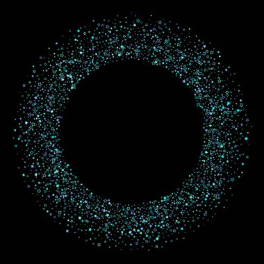 Mavi, turkuaz, pırıltılı yıldızlar, parlak konfeti. Dağınık, küçük parlak elementler. Siyah arkaplana düşen rastgele bir yıldız. Yılbaşı arkaplanı. Vektör illüstrasyonu.