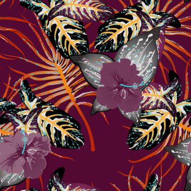 Tropik Yaprak. Modern Motif. Orman baskısı. Yeşillik Yazı Kusursuz Düzen. Yeşillik Vektörü Arkaplanı. Sanatsal Botanik Yüzey. Moda için soyut bitki dokusu. Karşıtlık Fırçası Çizimi.