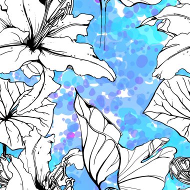 Çiçekli Siyah Beyaz Şablon. Modern Suluboya