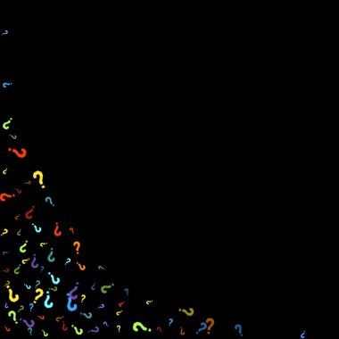 Soru işaretleri siyah arkaplana dağılmış. Sınav, şüphe, anket, araştırma, faq, sorgulama, sorgulama geçmişi. Kamuoyu yoklaması için çok renkli bir şablon. Gökkuşağı rengi. Vektör illüstrasyonu.