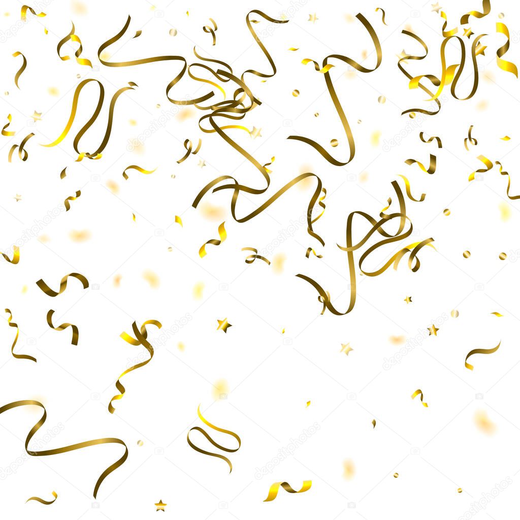 Holiday Serpentine. Gold Foil Streamers Ribbons. Confetti Star Falling on White Background. Party, Birthday Vector Template. Sparkle Serpentine. Celebration Elements. Bright Festive Tinsel Gold Color.