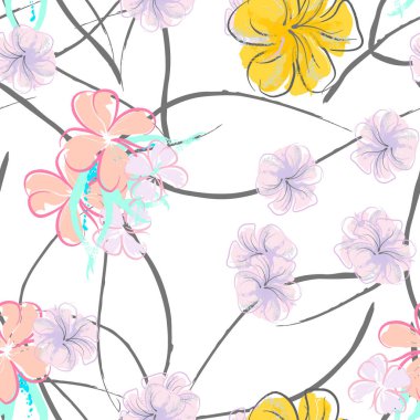 Pembe Çiçekler Çiçek Şablonu. Pastel Suluboya Çiçek Yazısı. Küçük pembe, sarı, gri yapraklı leylak çiçeği. Zarif fırça arka planı. Kusursuz Botanik Vektör Yüzeyi. Moda Yazıcıları İçin Desen.