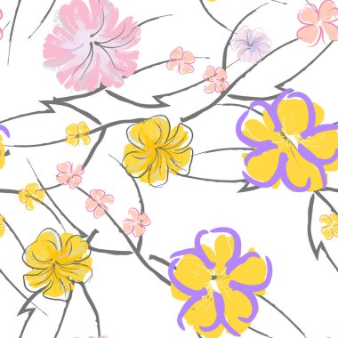 Pembe Çiçekler Çiçek Şablonu. Pastel Suluboya Çiçek Yazısı. Küçük pembe, sarı, gri yapraklı leylak çiçeği. Zarif fırça arka planı. Kusursuz Botanik Vektör Yüzeyi. Moda Yazıcıları İçin Desen.