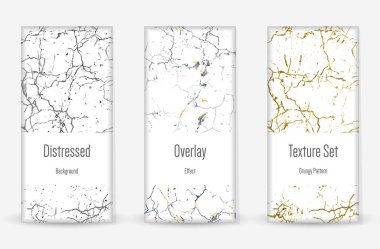 Kederli Grunge dokusu seti. Kusursuz desen. Çizilmiş, Dirt Print. Yarım tonluk Retro Arkaplan. Kırık, çatlak duvar dokusu. Altın, Siyah, Beyaz Grunge tarzı. Gürültü Kaba Tasarım. Vektör İllüstrasyonu.