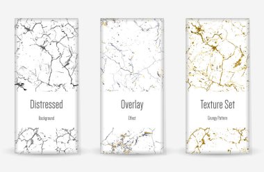 Kederli Grunge dokusu seti. Kusursuz desen. Çizilmiş, Dirt Print. Yarım tonluk Retro Arkaplan. Kırık, çatlak duvar dokusu. Altın, Siyah, Beyaz Grunge tarzı. Gürültü Kaba Tasarım. Vektör İllüstrasyonu.