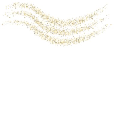 Altın Parıldayan Yıldızlar. Lüks Parlak Konfeti. Dağınık küçük bir parıltı. Parlak gümüş element. Rastgele sihirli minik ışık. Yıldızların beyaz arka planı. Yeni Yıl, Noel Vektörü illüstrasyonu.