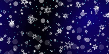 Düşen kar taneleri pürüzsüz desen. Uçan kar, don ve kar ile ilgili bir resim. Mavi gece geçmişinde noel kutlaması için kusursuz bir baskı. Yeni Yıl için Tatil Vektörü illüstrasyonu