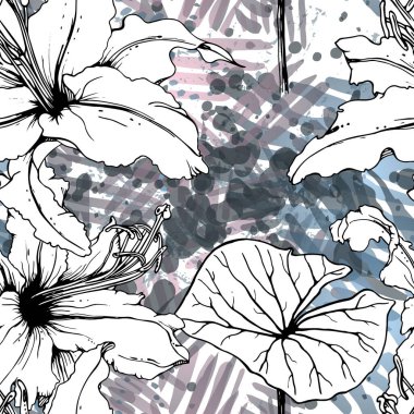 Çiçekli Siyah ve Beyaz Kusursuz Şablon. Modern Sanatsal Suluboya Baskısı. Moda Dış Hatları Çiçek Yüzeyi. Mürekkep lekeleri dokusunda Botanik Vektör Motifi. Soyut Yaprak Çizimi. Trend Tropik Arkaplanı.