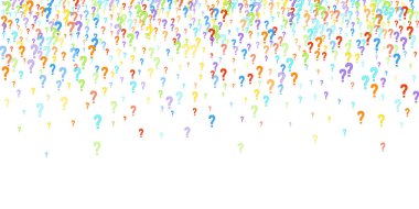 Beyaz arka plana dağılmış soru işaretleri. Sınav, şüphe, anket, araştırma, faq, sorgulama, sorgulama geçmişi. Kamuoyu yoklaması için çok renkli bir şablon. Gökkuşağı rengi. Vektör illüstrasyonu.