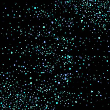 Mavi, turkuaz, pırıltılı yıldızlar, parlak konfeti. Dağınık, küçük parlak elementler. Siyah arkaplana düşen rastgele bir yıldız. Yılbaşı arkaplanı. Vektör illüstrasyonu.