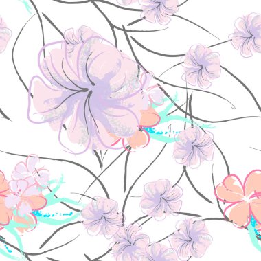 Pembe Çiçekler Çiçek Şablonu. Pastel Suluboya Çiçek Yazısı. Küçük pembe, sarı, gri yapraklı leylak çiçeği. Zarif fırça arka planı. Kusursuz Botanik Vektör Yüzeyi. Moda Yazıcıları İçin Desen.