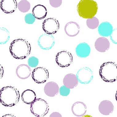 Siyah Fırça Çemberi. Vektör Kusursuz Desen. Renkli dekor. Suluboya Şekli Kaotik Şekillerle Soyut Beyaz Arkaplan. Summer Pastel Giftwrap. Tebeşir Fırçası Yuvarlakları, Konfeti