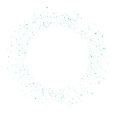 Mavi, turkuaz, pırıltılı yıldızlar, parlak konfeti. Dağınık, küçük parlak elementler. Beyaz arka plana rastgele yıldız düşüyor. Yılbaşı arkaplanı. Vektör illüstrasyonu.