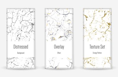 Kederli Grunge dokusu seti. Kusursuz desen. Çizilmiş, Dirt Print. Yarım tonluk Retro Arkaplan. Kırık, çatlak duvar dokusu. Altın, Siyah, Beyaz Grunge tarzı. Gürültü Kaba Tasarım. Vektör İllüstrasyonu.