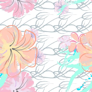 Pembe Çiçekler Çiçek Şablonu. Pastel Suluboya Çiçek Yazısı. Küçük pembe, sarı, gri yapraklı leylak çiçeği. Zarif fırça arka planı. Kusursuz Botanik Vektör Yüzeyi. Moda Yazıcıları İçin Desen.