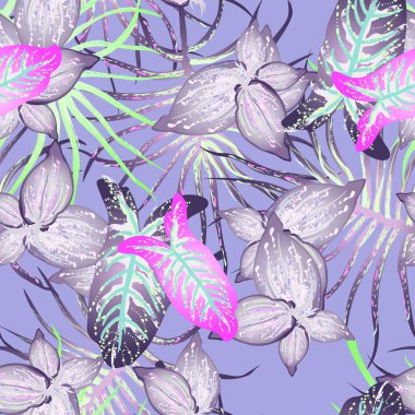 Tropik Yaprak Modern Motif. Orman baskısı. Yeşillik Yazı Kusursuz Düzen. Yeşillik Vektörü Arkaplanı. Sanatsal Botanik Yüzeyi. Moda için soyut bitki dokusu. Yumuşak Pastel Fırça Çizimi.