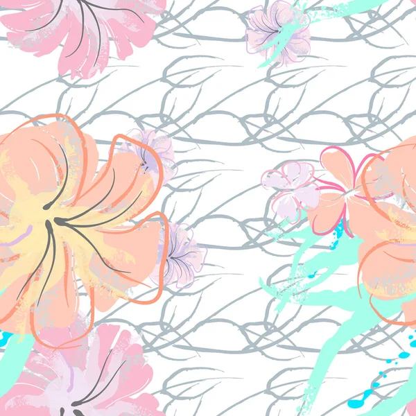 Pembe Çiçekler Çiçek Şablonu. Pastel Suluboya Çiçek Yazısı. Küçük pembe, sarı, gri yapraklı leylak çiçeği. Zarif fırça arka planı. Kusursuz Botanik Vektör Yüzeyi. Moda Yazıcıları İçin Desen.