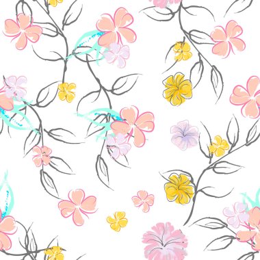 Pembe Çiçekler Çiçek Şablonu. Pastel Suluboya Çiçek Yazısı. Küçük pembe, sarı, gri yapraklı leylak çiçeği. Zarif fırça arka planı. Kusursuz Botanik Vektör Yüzeyi. Moda Yazıcıları İçin Desen.