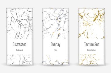 Kederli Grunge dokusu seti. Kusursuz desen. Çizilmiş, Dirt Print. Yarım tonluk Retro Arkaplan. Kırık, çatlak duvar dokusu. Altın, Siyah, Beyaz Grunge tarzı. Gürültü Kaba Tasarım. Vektör İllüstrasyonu.