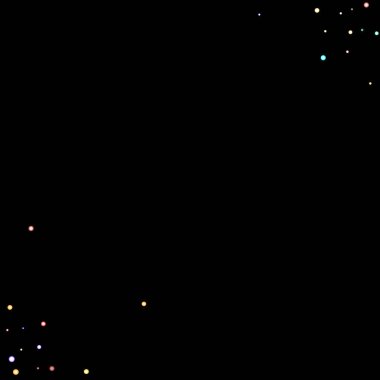 Gökkuşağı yıldızları, yanardöner çıkıntılar, parlak konfeti. Etrafa saçılmış küçük parlak toplar, daireler. Siyah arkaplana düşen rastgele bir yıldız. Yılbaşı arkaplanı. Vektör illüstrasyonu.