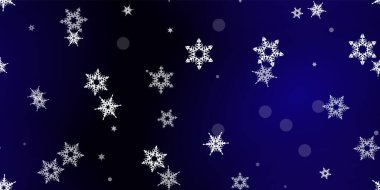 Düşen kar taneleri pürüzsüz desen. Uçan kar, don ve kar ile ilgili bir resim. Mavi gece geçmişinde noel kutlaması için kusursuz bir baskı. Yeni Yıl için Tatil Vektörü illüstrasyonu