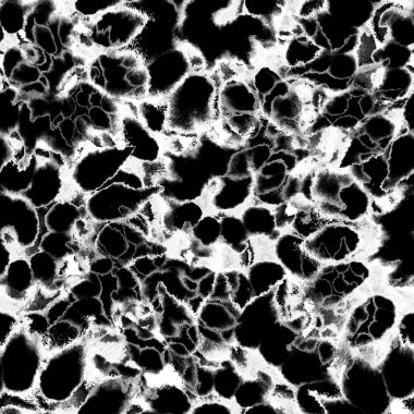 Siyah ve beyaz, ıslak ve pürüzsüz boya deseni. Suluboya karışık akış noktaları, noktalar, yırtık kenarlar. Tekstil, yüzey, moda, mayo ve modern tasarım için bitmeyen tekrarlanan soyut arkaplan.