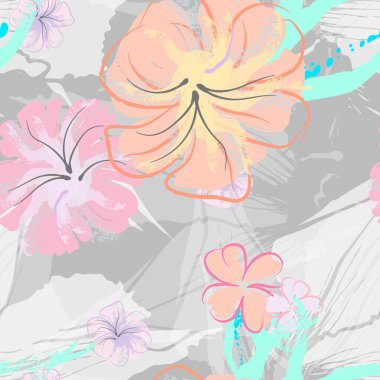 Pembe Çiçekler Çiçek Şablonu. Pastel Suluboya Çiçek Yazısı. Küçük pembe, sarı, gri yapraklı leylak çiçeği. Zarif fırça arka planı. Kusursuz Botanik Vektör Yüzeyi. Moda Yazıcıları İçin Desen.