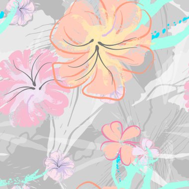 Pembe Çiçekler Çiçek Şablonu. Pastel Suluboya Çiçek Yazısı. Küçük pembe, sarı, gri yapraklı leylak çiçeği. Zarif fırça arka planı. Kusursuz Botanik Vektör Yüzeyi. Moda Yazıcıları İçin Desen.