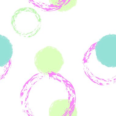 Renkli Polka Noktaları. Pastel Vektör Kusursuz Desen. Canlı bir süs. Suluboya Şekli Kaotik Şekillerle Soyut Beyaz Arkaplan. Modern Vintage Kumaş. Tebeşir Fırçası Yuvarlakları, Konfeti