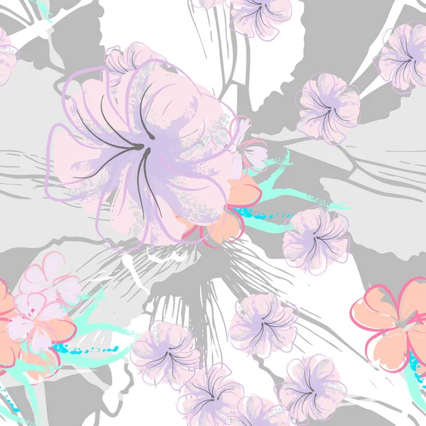 Pembe Çiçekler Çiçek Şablonu. Pastel Suluboya Çiçek Yazısı. Küçük pembe, sarı, gri yapraklı leylak çiçeği. Zarif fırça arka planı. Kusursuz Botanik Vektör Yüzeyi. Moda Yazıcıları İçin Desen.