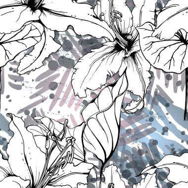 Çiçekli Siyah ve Beyaz Kusursuz Şablon. Modern Sanatsal Suluboya Baskısı. Moda Dış Hatları Çiçek Yüzeyi. Mürekkep lekeleri dokusunda Botanik Vektör Motifi. Soyut Yaprak Çizimi. Trend Tropik Arkaplanı.