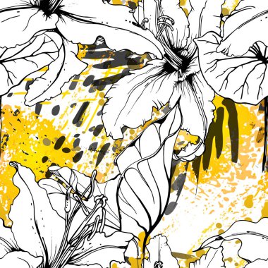 Çiçekli Siyah ve Beyaz Kusursuz Şablon. Modern Sanatsal Suluboya Baskısı. Moda Dış Hatları Çiçek Yüzeyi. Mürekkep lekeleri dokusunda Botanik Vektör Motifi. Soyut Yaprak Çizimi. Trend Tropik Arkaplanı.