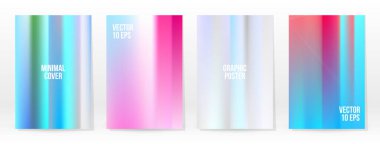 Holografik Poster seti. Iridescent Teknoloji Kapağı. Mobil Grafik Şablonu. Vektör Posteri. Gradyan örgü. Fütürist Sanal Şablon Tasarımı. Modern Soyut Arkaplan 90 'lar, 80' ler Retro Biçimi.