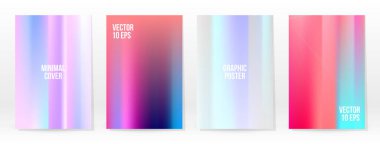 Holografik Poster seti. Iridescent Teknoloji Kapağı. Mobil Grafik Şablonu. Vektör Posteri. Gradyan örgü. Fütürist Sanal Şablon Tasarımı. Modern Soyut Arkaplan 90 'lar, 80' ler Retro Biçimi.