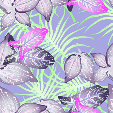 Tropik Yaprak Modern Motif. Orman baskısı. Yeşillik Yazı Kusursuz Düzen. Yeşillik Vektörü Arkaplanı. Sanatsal Botanik Yüzeyi. Moda için soyut bitki dokusu. Yumuşak Pastel Fırça Çizimi.