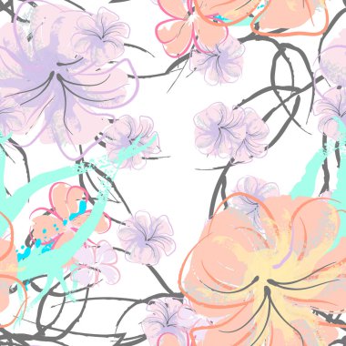 Pembe Çiçekler Çiçek Şablonu. Pastel Suluboya Çiçek Yazısı. Küçük pembe, sarı, gri yapraklı leylak çiçeği. Zarif fırça arka planı. Kusursuz Botanik Vektör Yüzeyi. Moda Yazıcıları İçin Desen.