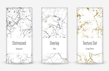 Kederli Grunge dokusu seti. Kusursuz desen. Çizilmiş, Dirt Print. Yarım tonluk Retro Arkaplan. Kırık, çatlak duvar dokusu. Altın, Siyah, Beyaz Grunge tarzı. Gürültü Kaba Tasarım. Vektör İllüstrasyonu.