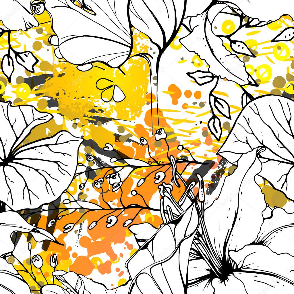 Floral Black and White Seamless Pattern. Modern Artistic Watercolor Print. Fashion Outline Flowers Surface. Botanic Vector Motif on Ink Stains Texture. Drawing Abstract Leaf. Trend Tropic Background.