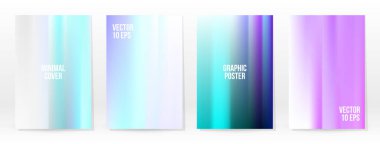 Holografik Poster seti. Iridescent Teknoloji Kapağı. Mobil Grafik Şablonu. Vektör Posteri. Gradyan örgü. Fütürist Sanal Şablon Tasarımı. Modern Soyut Arkaplan 90 'lar, 80' ler Retro Biçimi.