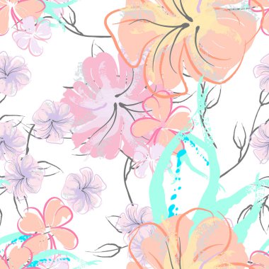 Pembe Çiçekler Çiçek Şablonu. Pastel Suluboya Çiçek Yazısı. Küçük pembe, sarı, gri yapraklı leylak çiçeği. Zarif fırça arka planı. Kusursuz Botanik Vektör Yüzeyi. Moda Yazıcıları İçin Desen.