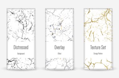Kederli Grunge dokusu seti. Kusursuz desen. Çizilmiş, Dirt Print. Yarım tonluk Retro Arkaplan. Kırık, çatlak duvar dokusu. Altın, Siyah, Beyaz Grunge tarzı. Gürültü Kaba Tasarım. Vektör İllüstrasyonu.