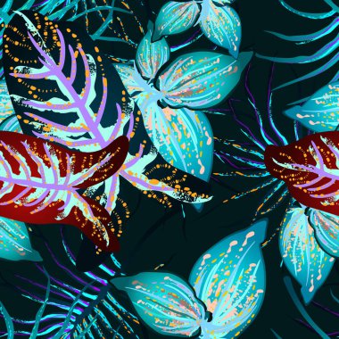 Tropik Yaprak. Modern Motif. Orman baskısı. Yeşillik Yazı Kusursuz Düzen. Yeşillik Vektörü Arkaplanı. Sanatsal Botanik Yüzey. Moda için soyut bitki dokusu. Karşıtlık Fırçası Çizimi.