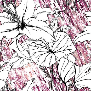 Çiçekli Siyah ve Beyaz Kusursuz Şablon. Modern Sanatsal Suluboya Baskısı. Moda Dış Hatları Çiçek Yüzeyi. Mürekkep lekeleri dokusunda Botanik Vektör Motifi. Soyut Yaprak Çizimi. Trend Tropik Arkaplanı.