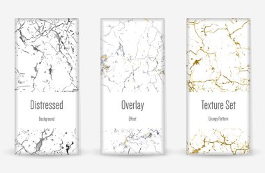 Kederli Grunge dokusu seti. Kusursuz desen. Çizilmiş, Dirt Print. Yarım tonluk Retro Arkaplan. Kırık, çatlak duvar dokusu. Altın, Siyah, Beyaz Grunge tarzı. Gürültü Kaba Tasarım. Vektör İllüstrasyonu.