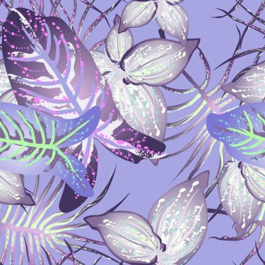 Tropik Yaprak Modern Motif. Orman baskısı. Yeşillik Yazı Kusursuz Düzen. Yeşillik Vektörü Arkaplanı. Sanatsal Botanik Yüzeyi. Moda için soyut bitki dokusu. Yumuşak Pastel Fırça Çizimi.