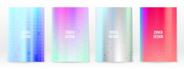 Holografik Poster seti. Iridescent Teknoloji Kapağı. Mobil Grafik Şablonu. Vektör Posteri. Gradyan örgü. Fütürist Sanal Şablon Tasarımı. Modern Soyut Arkaplan 90 'lar, 80' ler Retro Biçimi.
