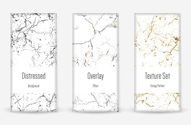Kederli Grunge dokusu seti. Kusursuz desen. Çizilmiş, Dirt Print. Yarım tonluk Retro Arkaplan. Kırık, çatlak duvar dokusu. Altın, Siyah, Beyaz Grunge tarzı. Gürültü Kaba Tasarım. Vektör İllüstrasyonu.