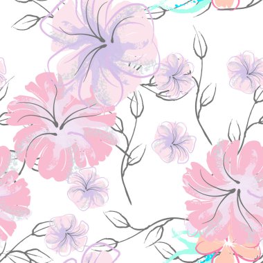 Pembe Çiçekler Çiçek Şablonu. Pastel Suluboya Çiçek Yazısı. Küçük pembe, sarı, gri yapraklı leylak çiçeği. Zarif fırça arka planı. Kusursuz Botanik Vektör Yüzeyi. Moda Yazıcıları İçin Desen.