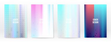 Holografik Poster seti. Iridescent Teknoloji Kapağı. Mobil Grafik Şablonu. Vektör Posteri. Gradyan örgü. Fütürist Sanal Şablon Tasarımı. Modern Soyut Arkaplan 90 'lar, 80' ler Retro Biçimi.